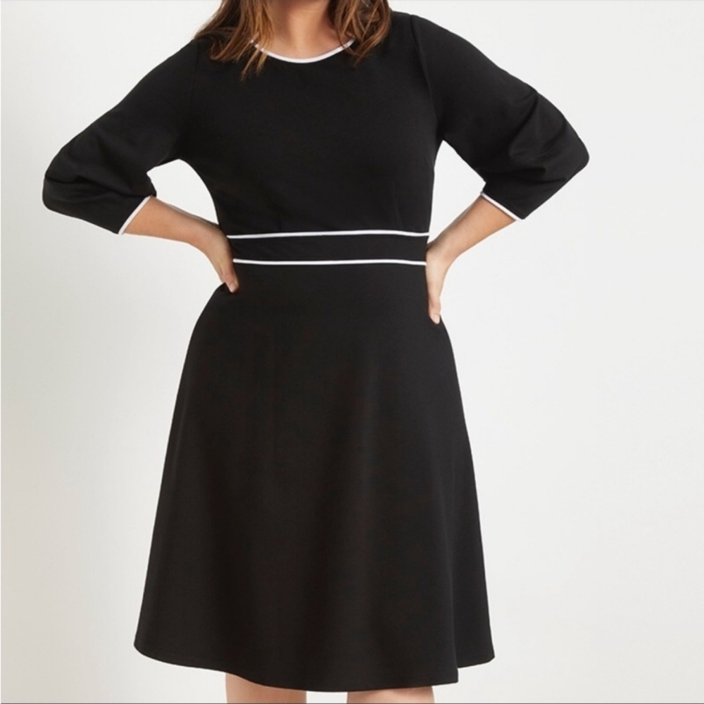Eloquii black Ponte flare white piping Lantern Sleeves dress